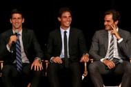 NEW YORK, NY - AUGUST 23: Novak Djokovic of Serbia; Rafael Nadal of Spain and Roger Federer of Switzerland on stage during the ATP Heritage Celebration at The Waldorf=Astoria on August 23, 2013 in New York City. (Photo by Matthew Stockman/Getty Images)
